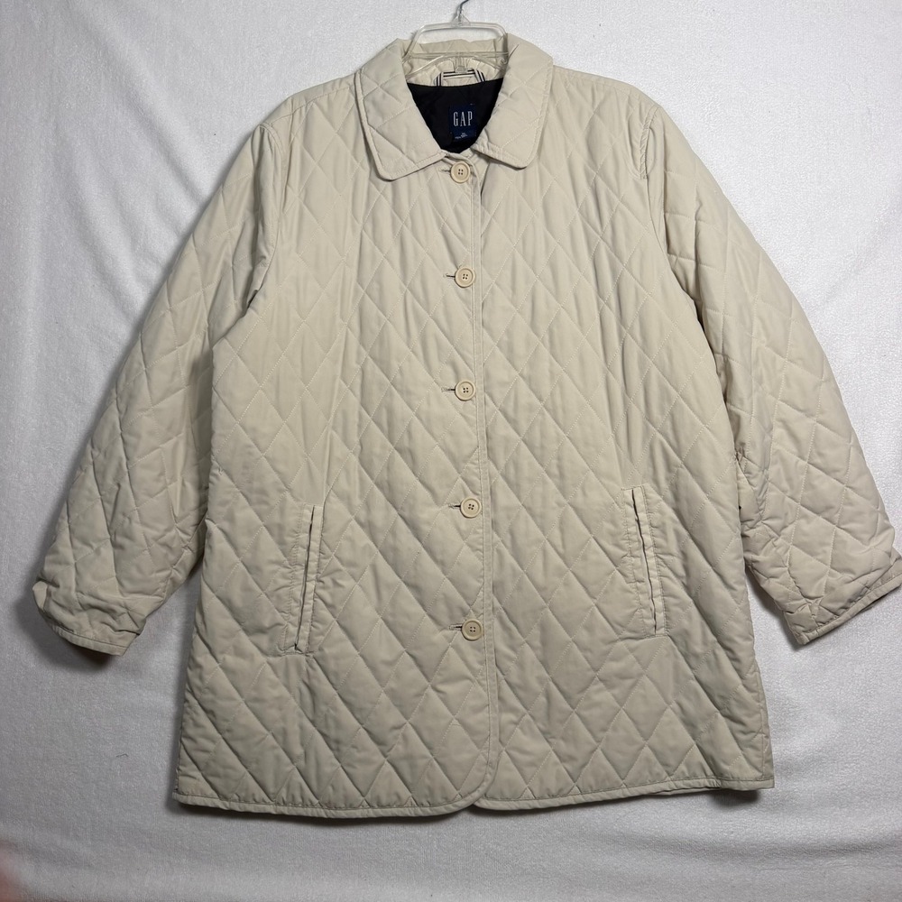 Gap Womens XL Quilted Diamond Pattern Button Front Jacket Cream Beige